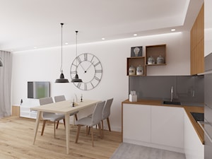 Przytulne mieszkanie z drewnem - Średni biały salon z kuchnią z jadalnią, styl nowoczesny - zdjęcie od Pracownia Aranżacji Wnętrz "O-kreślarnia"