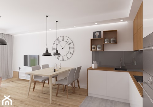 Przytulne mieszkanie z drewnem - Średni biały salon z kuchnią z jadalnią, styl nowoczesny - zdjęcie od Pracownia Aranżacji Wnętrz "O-kreślarnia"