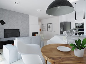 Nowoczesne mieszkania - Duży biały szary salon z kuchnią z jadalnią - zdjęcie od Pracownia Aranżacji Wnętrz "O-kreślarnia"