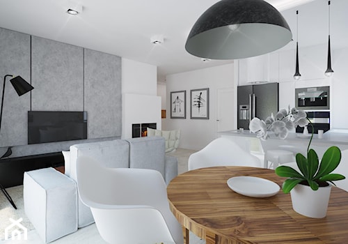 Nowoczesne mieszkania - Duży biały szary salon z kuchnią z jadalnią - zdjęcie od Pracownia Aranżacji Wnętrz "O-kreślarnia"
