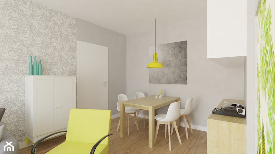 Mieszkanie 81 m2 - Mały szary salon z jadalnią, styl skandynawski - zdjęcie od Pracownia Aranżacji Wnętrz "O-kreślarnia"