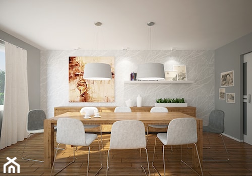 Salon, kuchnia, przedpokój w domu jednorodzinnym - Średnia szara jadalnia w salonie, styl skandynawski - zdjęcie od Pracownia Aranżacji Wnętrz "O-kreślarnia"