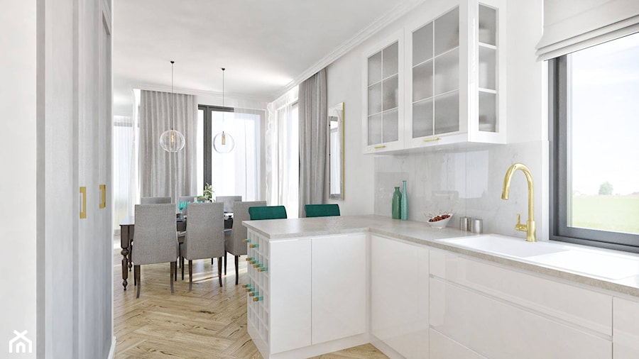 Salon, kuchnia i wiatrołap - Mała otwarta z kamiennym blatem biała kuchnia w kształcie litery l, styl glamour - zdjęcie od Pracownia Aranżacji Wnętrz "O-kreślarnia"