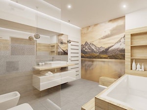 Łazienka - szarości, biel i drewno - Średnia na poddaszu bez okna łazienka - zdjęcie od Pracownia Aranżacji Wnętrz "O-kreślarnia"