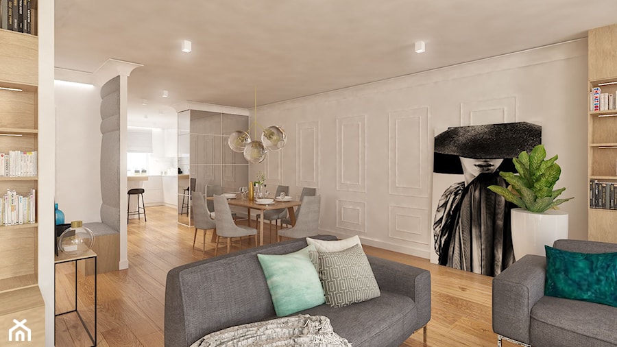Projekt eleganckiego mieszkania - Średni biały salon z jadalnią - zdjęcie od Pracownia Aranżacji Wnętrz "O-kreślarnia"