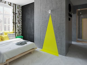 Oryginalne mieszkanie z betonem i sklejką - Średnia czarna szara żółta sypialnia - zdjęcie od Pracownia Aranżacji Wnętrz "O-kreślarnia"