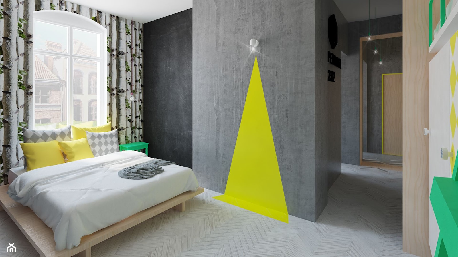 Oryginalne mieszkanie z betonem i sklejką - Średnia czarna szara żółta sypialnia - zdjęcie od Pracownia Aranżacji Wnętrz "O-kreślarnia" - Homebook