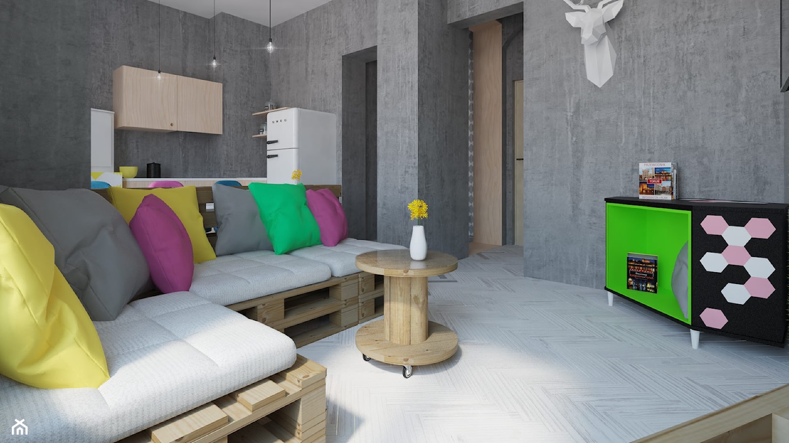 Oryginalne mieszkanie z betonem i sklejką - Średni szary salon z kuchnią - zdjęcie od Pracownia Aranżacji Wnętrz "O-kreślarnia" - Homebook