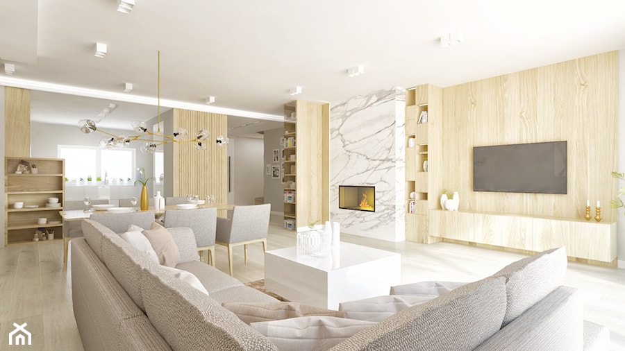 Salony z kominkami - Duży biały salon, styl nowoczesny - zdjęcie od Pracownia Aranżacji Wnętrz "O-kreślarnia"