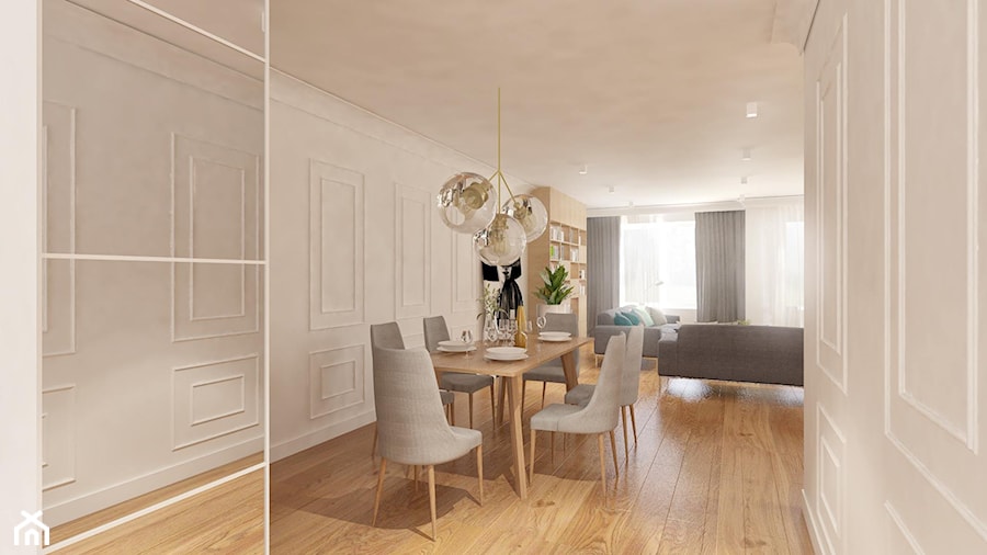 Projekt eleganckiego mieszkania - Duża szara jadalnia w salonie - zdjęcie od Pracownia Aranżacji Wnętrz "O-kreślarnia"