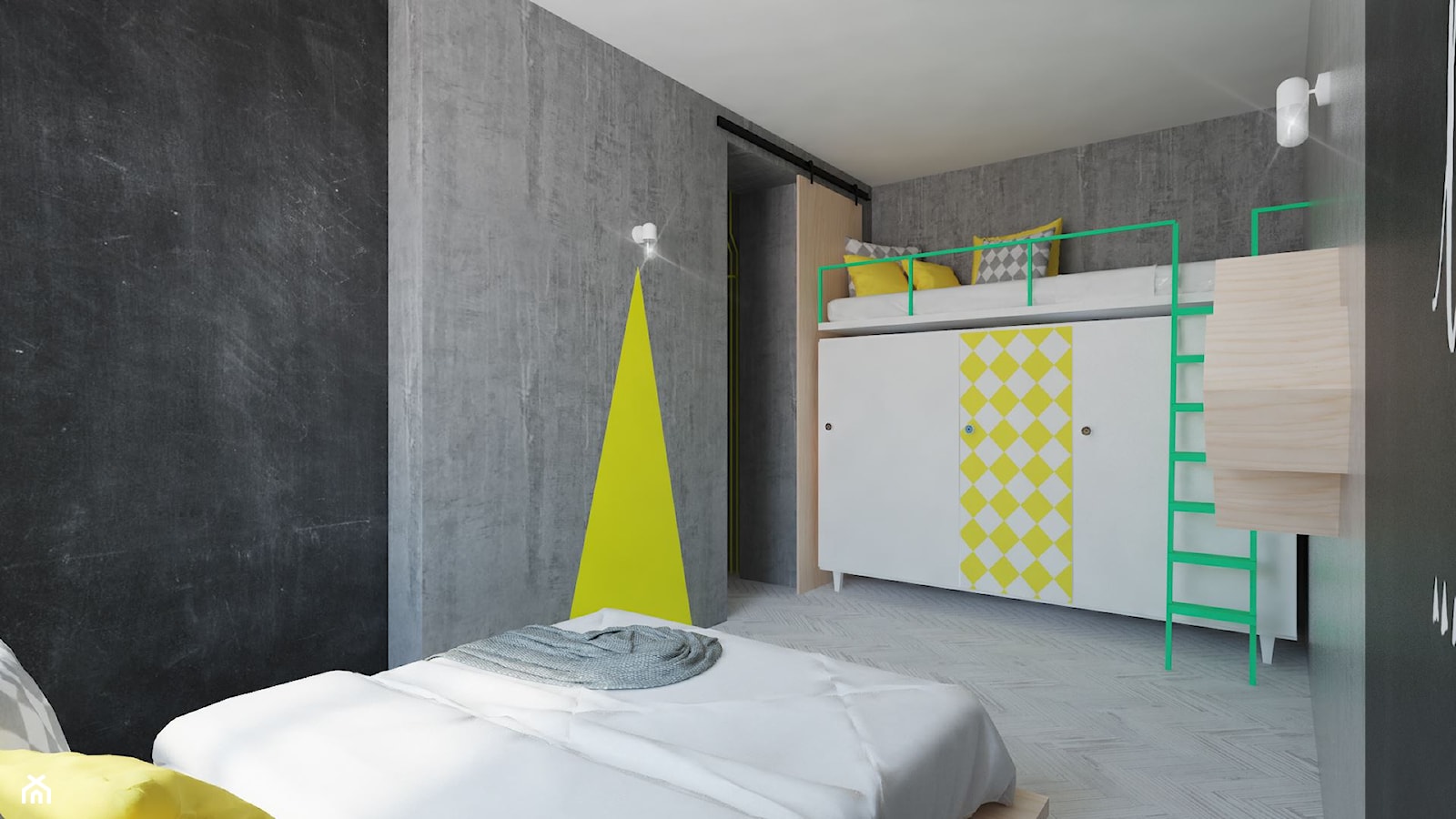 Oryginalne mieszkanie z betonem i sklejką - Średnia sypialnia na antresoli - zdjęcie od Pracownia Aranżacji Wnętrz "O-kreślarnia" - Homebook