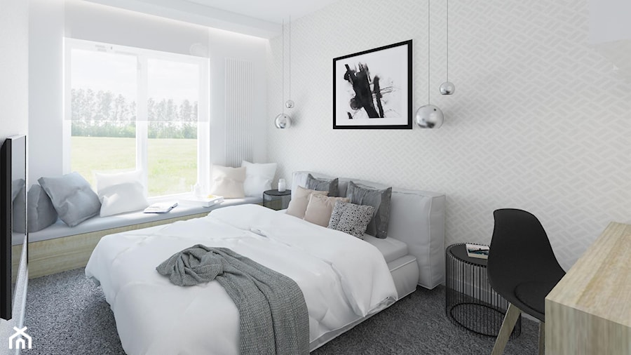 Sypialnia 4 - Średnia biała szara z biurkiem sypialnia - zdjęcie od Pracownia Aranżacji Wnętrz "O-kreślarnia"