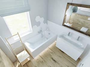 Dom jednordzinne - Średnia na poddaszu z dwoma umywalkami łazienka z oknem - zdjęcie od Pracownia Aranżacji Wnętrz "O-kreślarnia"