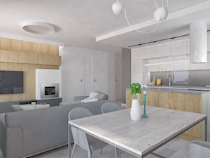 Projekty 2017 - Średni biały szary salon z kuchnią z jadalnią, styl nowoczesny - zdjęcie od Pracownia Aranżacji Wnętrz "O-kreślarnia"