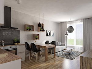 Projekty 2017 - Mały biały salon z kuchnią z jadalnią, styl nowoczesny - zdjęcie od Pracownia Aranżacji Wnętrz "O-kreślarnia"