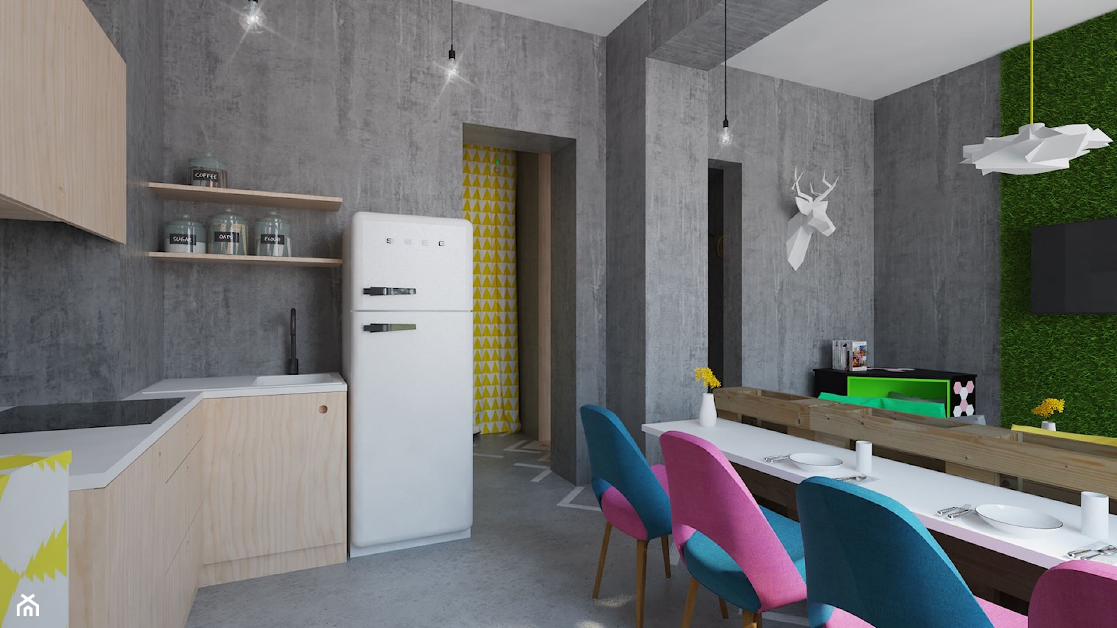Oryginalne mieszkanie z betonem i sklejką - Średnia szara jadalnia w salonie w kuchni - zdjęcie od Pracownia Aranżacji Wnętrz "O-kreślarnia" - Homebook