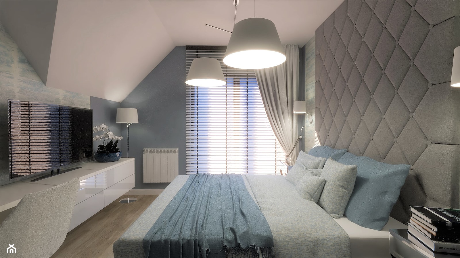 Ciekawe wnętrze w stylu glamour - Średnia niebieska z biurkiem sypialnia na poddaszu, styl glamour - zdjęcie od Pracownia Projektowa Ładne Wnętrza - Homebook