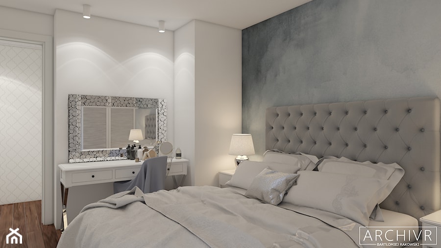 Mieszkanie w stylu Nowojorskim/Hampton’s - Mała biała szara sypialnia, styl glamour - zdjęcie od ArchiVR Bartlomiej Rakowski