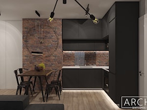 Mieszkanie Dla Singla Łódź - Średni czarny szary salon z kuchnią z jadalnią, styl industrialny - zdjęcie od ArchiVR Bartlomiej Rakowski