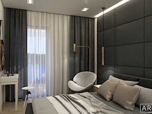Projekt mieszkania Gdańska - Mała czarna szara sypialnia z balkonem / tarasem, styl nowoczesny - zdjęcie od ArchiVR Bartlomiej Rakowski