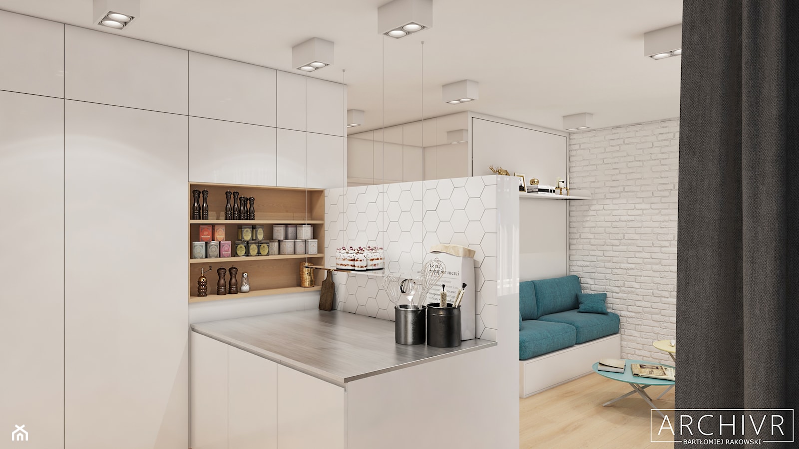 Projekt Kawalerki Łódź - Mała otwarta z salonem biała z zabudowaną lodówką kuchnia w kształcie litery l, styl nowoczesny - zdjęcie od ArchiVR Bartlomiej Rakowski - Homebook