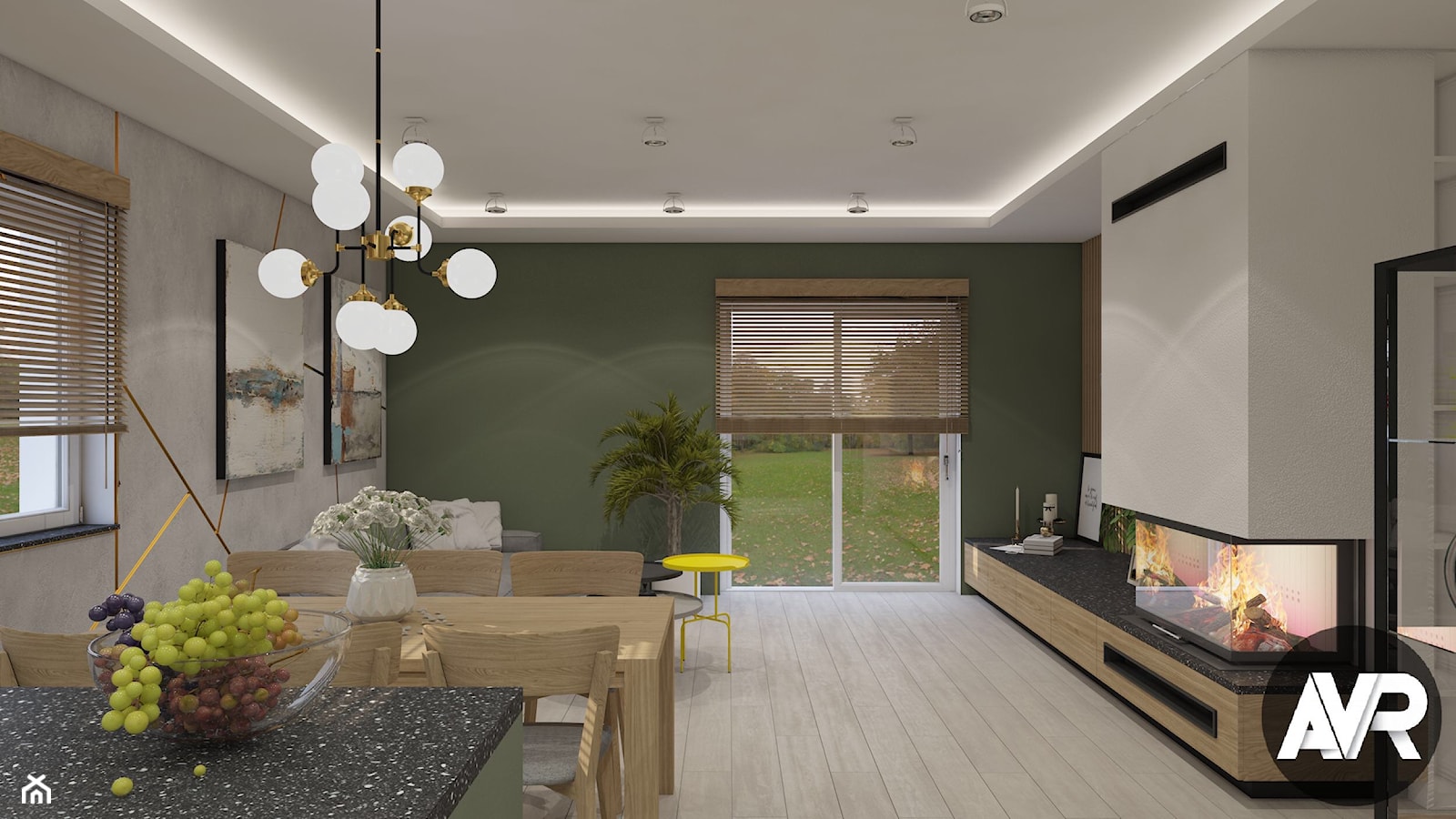 Projekt wnętrza domu jednorodzinnego - Duży szary zielony salon z jadalnią, styl nowoczesny - zdjęcie od ArchiVR Bartlomiej Rakowski - Homebook