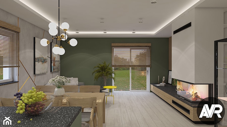 Projekt wnętrza domu jednorodzinnego - Duży szary zielony salon z jadalnią, styl nowoczesny - zdjęcie od ArchiVR Bartlomiej Rakowski