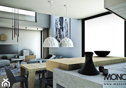APARTAMENT - Duża szara jadalnia w salonie, styl nowoczesny - zdjęcie od MONOstudio Projektowanie Wnętrz i Galeria