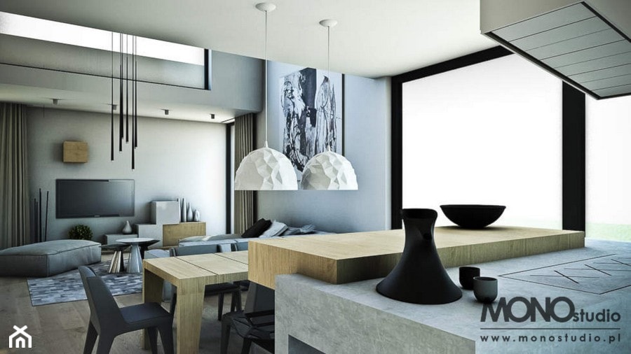 APARTAMENT - Duża szara jadalnia w salonie, styl nowoczesny - zdjęcie od MONOstudio Projektowanie Wnętrz i Galeria