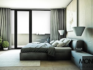 APARTAMENT - Duża biała szara sypialnia z balkonem / tarasem, styl nowoczesny - zdjęcie od MONOstudio Projektowanie Wnętrz i Galeria