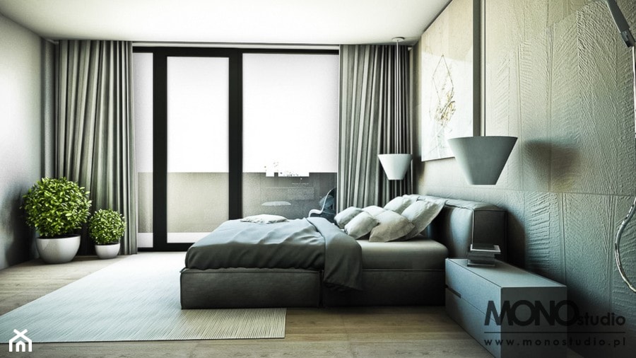 APARTAMENT - Duża biała szara sypialnia z balkonem / tarasem, styl nowoczesny - zdjęcie od MONOstudio Projektowanie Wnętrz i Galeria