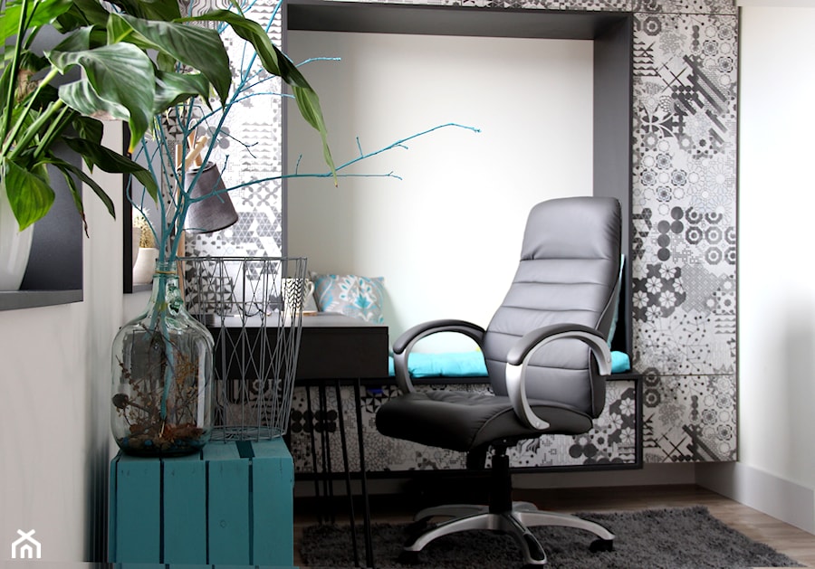 Gabinet - patchwork - Średnie z sofą białe szare biuro, styl nowoczesny - zdjęcie od architektura&wnętrza Monika Kowalewska Pracownia Projektowa