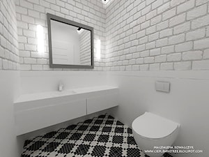 aranżacja łazienki/ biała cegła - Mała bez okna z lustrem łazienka, styl industrialny - zdjęcie od Ciepłe wnętrze