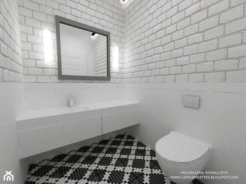 aranżacja łazienki/ biała cegła - Mała bez okna z lustrem łazienka, styl industrialny - zdjęcie od Ciepłe wnętrze