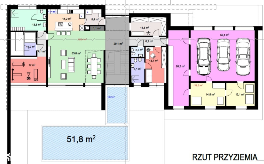 Rzut przyziemia w dom jednorodzinnym - parter - zdjęcie od BIAMS Budownictwo i Architektura Marcin Sieradzki - projektant, architekt - Homebook