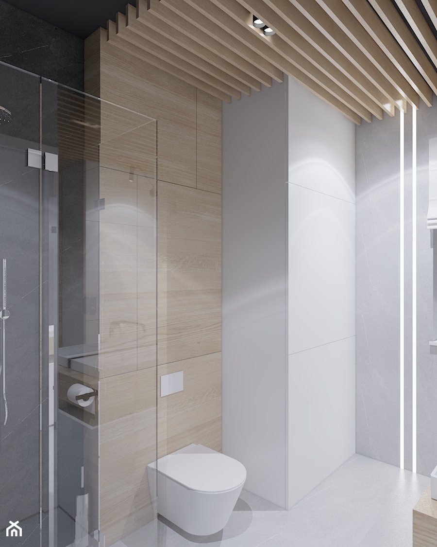 niepołomice - Mała bez okna z marmurową podłogą z punktowym oświetleniem łazienka, styl nowoczesny - zdjęcie od ajaje - architekci & projektanci wnętrz
