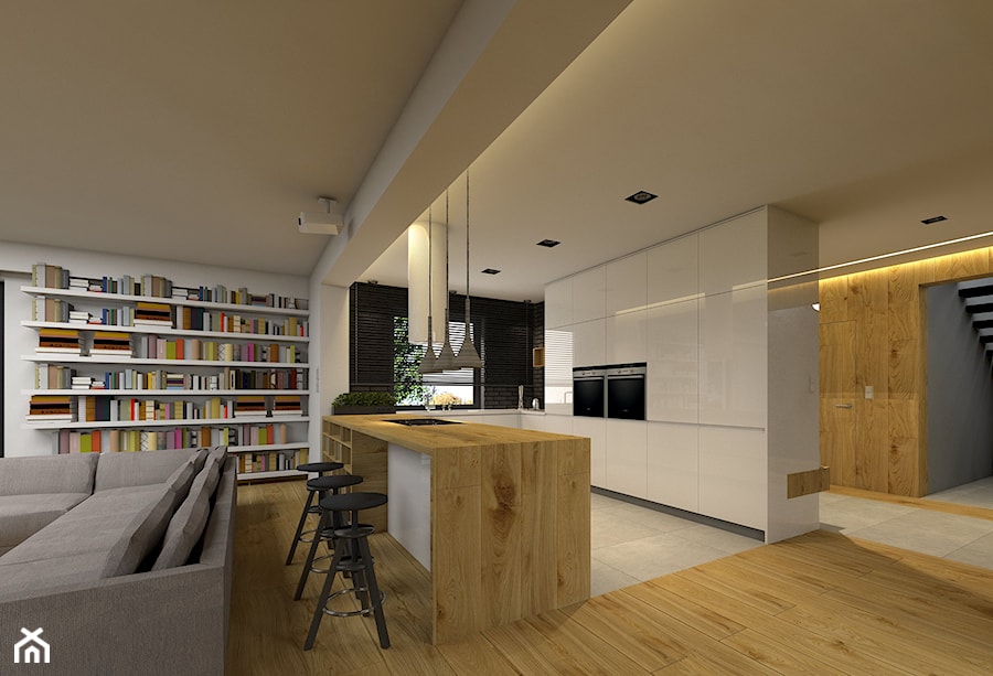 tarnów dom - Średni biały szary salon z kuchnią z jadalnią z barkiem, styl nowoczesny - zdjęcie od ajaje - architekci & projektanci wnętrz