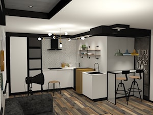 Color - Mała otwarta z salonem biała szara z zabudowaną lodówką kuchnia w kształcie litery l z oknem, styl industrialny - zdjęcie od MRÓZdesign