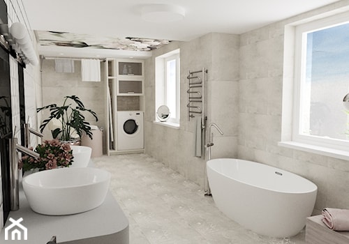Łazienka z motywem kwiatowym - Duża z pralką / suszarką z lustrem z dwoma umywalkami ze szkłem na ścianie łazienka z oknem, styl nowoczesny - zdjęcie od MRÓZdesign