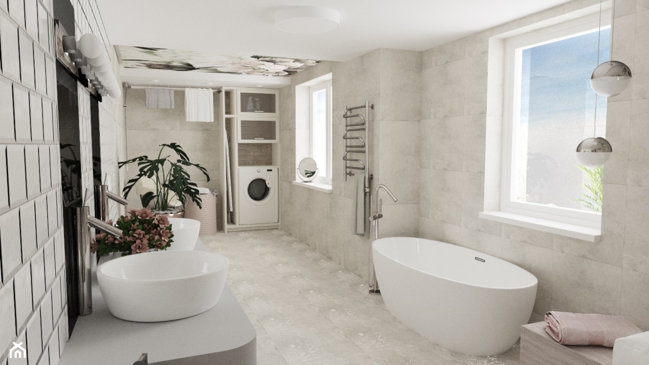 Łazienka z motywem kwiatowym - Duża z pralką / suszarką z lustrem z dwoma umywalkami ze szkłem na ścianie łazienka z oknem, styl nowoczesny - zdjęcie od MRÓZdesign - Homebook
