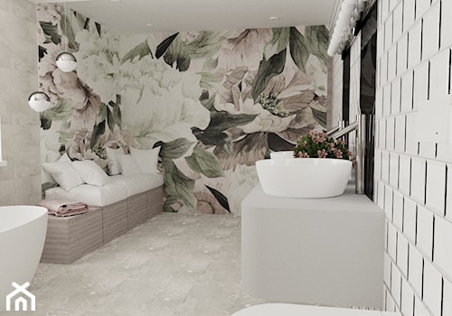 Łazienka z motywem kwiatowym - Duża jako pokój kąpielowy z lustrem z dwoma umywalkami z punktowym oświetleniem łazienka z oknem, styl nowoczesny - zdjęcie od MRÓZdesign