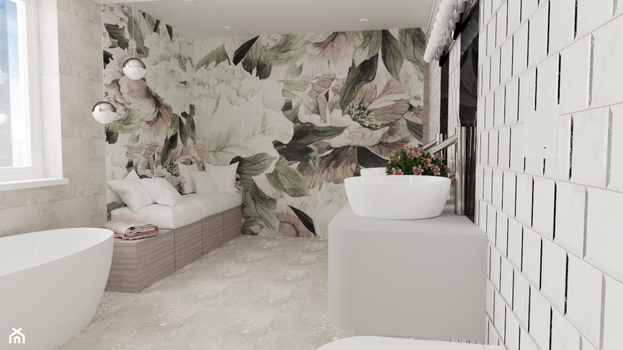 Łazienka z motywem kwiatowym - Duża jako pokój kąpielowy z lustrem z dwoma umywalkami z punktowym oświetleniem łazienka z oknem, styl nowoczesny - zdjęcie od MRÓZdesign - Homebook