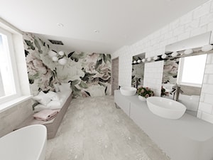 Łazienka z motywem kwiatowym - Duża z lustrem z dwoma umywalkami z punktowym oświetleniem łazienka z oknem, styl nowoczesny - zdjęcie od MRÓZdesign