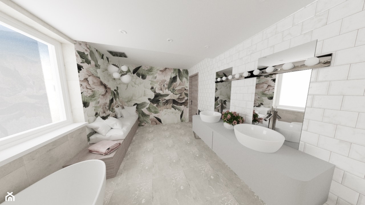 Łazienka z motywem kwiatowym - Duża z lustrem z dwoma umywalkami z punktowym oświetleniem łazienka z oknem, styl nowoczesny - zdjęcie od MRÓZdesign - Homebook