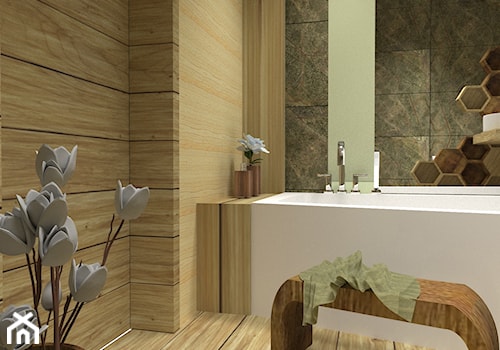 Łazienka zieleń-drewno - Mała bez okna łazienka, styl nowoczesny - zdjęcie od MRÓZdesign