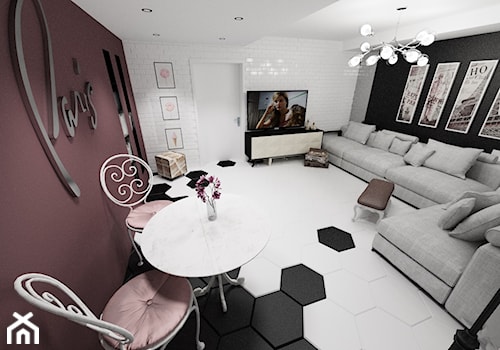 Paryż - Duży biały brązowy czarny salon z jadalnią, styl glamour - zdjęcie od MRÓZdesign