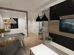 Kawalerka w stylu Skandynawskim - Mały biały czarny salon z kuchnią z jadalnią, styl skandynawski - zdjęcie od MRÓZdesign