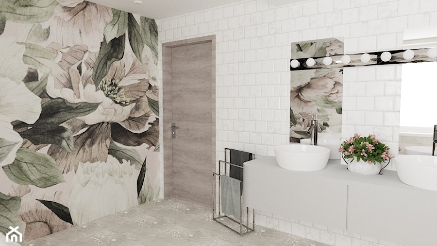 Łazienka z motywem kwiatowym - Średnia bez okna z lustrem z dwoma umywalkami łazienka, styl nowoczesny - zdjęcie od MRÓZdesign