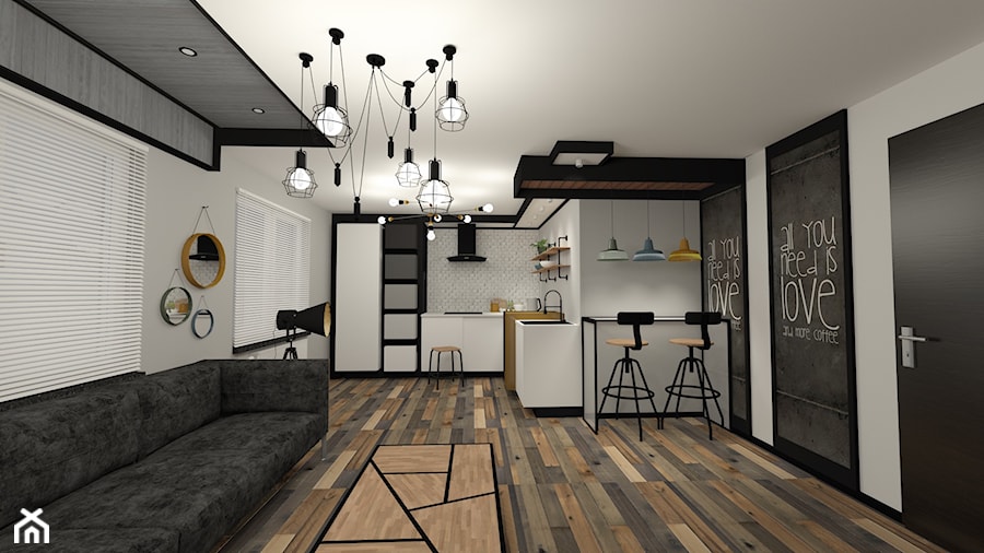 Color - Średni biały salon z kuchnią z jadalnią, styl industrialny - zdjęcie od MRÓZdesign