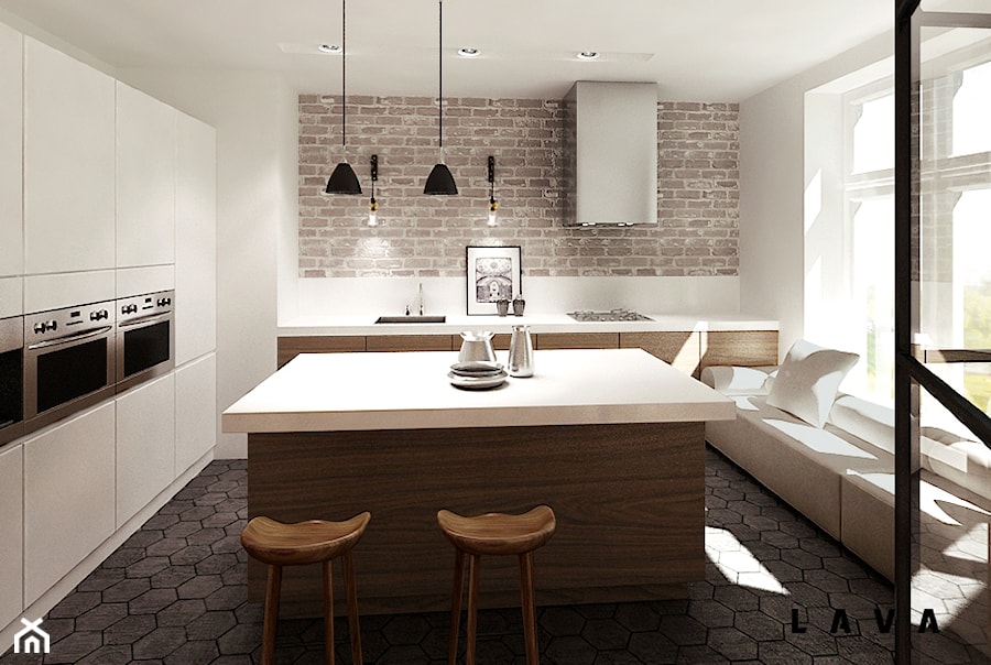 eklektyczne powiązania - Średnia duża otwarta z salonem biała z zabudowaną lodówką kuchnia z wyspą lub półwyspem z kompozytem na ścianie nad blatem kuchennym, styl nowoczesny - zdjęcie od LAVA Projektowanie Wnętrz
